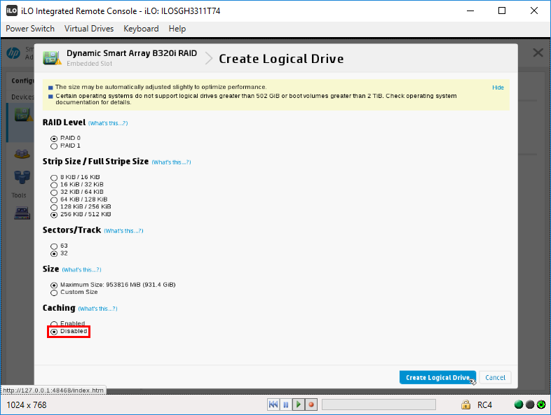 Creating a logical drive for the HP SL230s