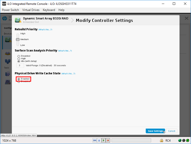 Changing drive write cache setting for the HP SL230s